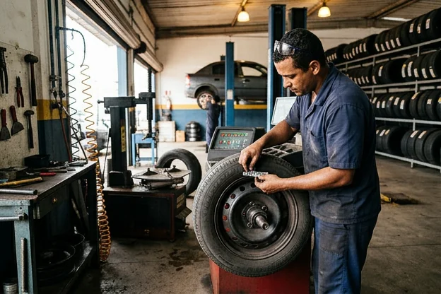 Balanceamento de rodas feito com equipamento especializado na borracharia.