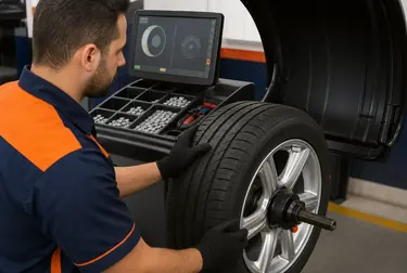 Equipamento de balanceamento de rodas sendo utilizado na borracharia.