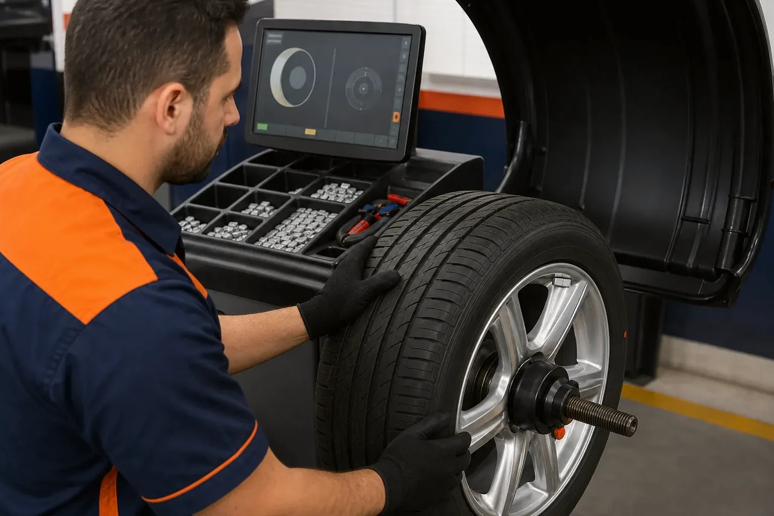 Equipamento de balanceamento de rodas sendo utilizado na borracharia.