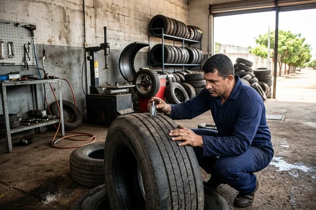 Técnico checando a profundidade dos sulcos dos pneus de um carro.