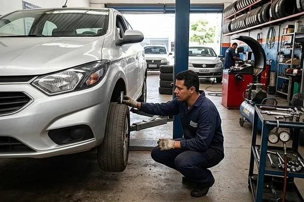 Técnico examinando a condição dos pneus de um veículo em uma borracharia.
