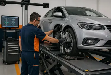 Técnico fazendo alinhamento de rodas em um carro.