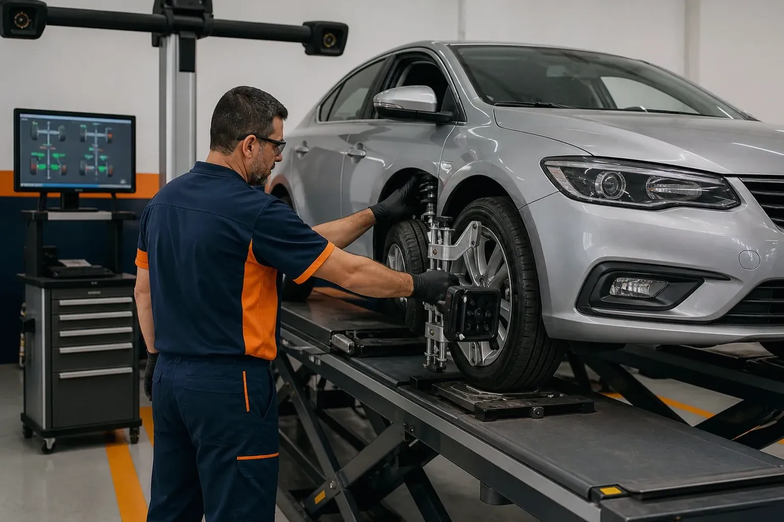 Técnico fazendo alinhamento de rodas em um carro.